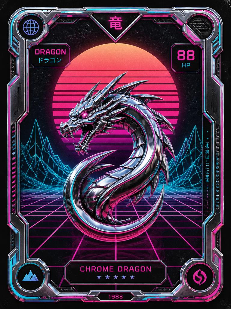 Carte à collectionner Chrome Dragon, illustration rétro-futuriste